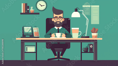Businessman sitting at the desk in office. Vector flat illustration.