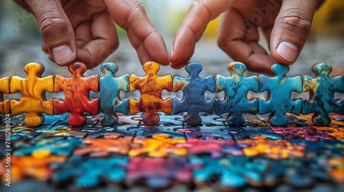 Hands connecting jigsaw puzzle pieces - business teamwork and partnership concept