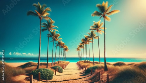 A row of tall palm trees lining a sandy path leading to a bright blue ocean, under a cloudless sky. photo