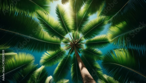 A view from under a palm tree looking up at its leaves fanned against a bright midday blue sky.