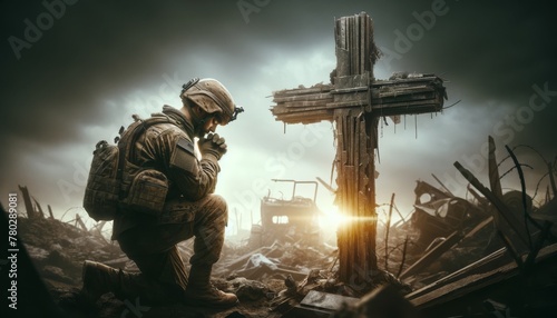 A weary soldier with a helmet in one hand, praying in front of a cross made from fallen debris, symbolizing hope amidst destruction.