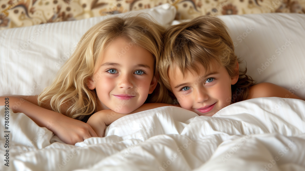 Two Happy Kids Sharing Laughs in a Cozy Bedtime Setting. Two Happy Kids Sharing Laughs in a Cozy Bedtime Setting.