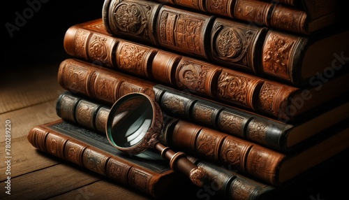 A close-up of aged, leather-bound encyclopedias stacked with a magnifying glass lying on top.