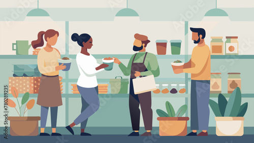 A group of friends take a trip to a zerowaste grocery store bringing their own containers and buying in bulk to reduce their carbon footprint.