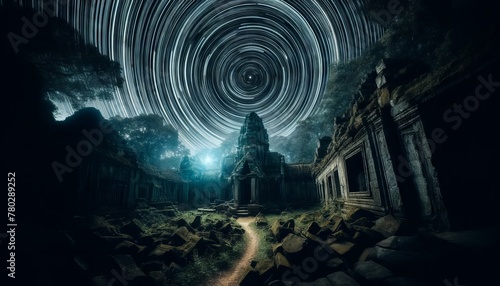 The ruins of an ancient stone temple, with the stars tracing paths directly above through long exposure. photo
