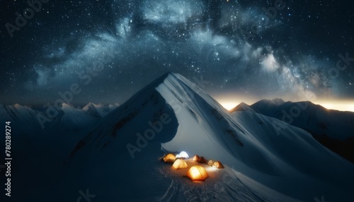 A snowy mountain peak with stargazers camped at the summit, under a dense, star-filled sky. photo
