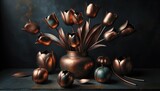 A collection of copper tulips with a patina finish, each petal catching the light differently, set against a dark, slate-colored backdrop.