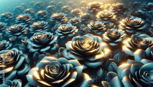 A field of silver metallic roses with a soft, golden glow illuminating from the center of each bloom. photo