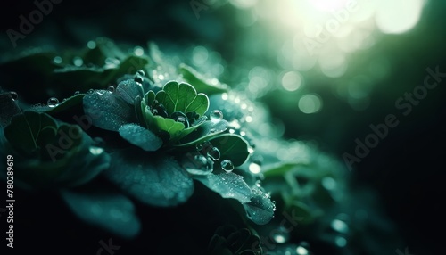 A close-up shot of fresh morning dew settled on a dense cluster of green leaves, highlighting the individual droplets and their tiny reflections. photo