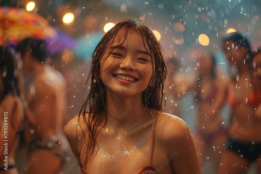 Pretty woman dancing in the rain at open air club laughing joyfully with people dancing around Pretty woman dancing in the rain at open air club laughing joyfully with people dancing around