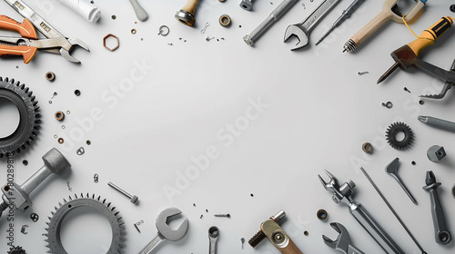 White background with space for text, surrounded by new industrial tools