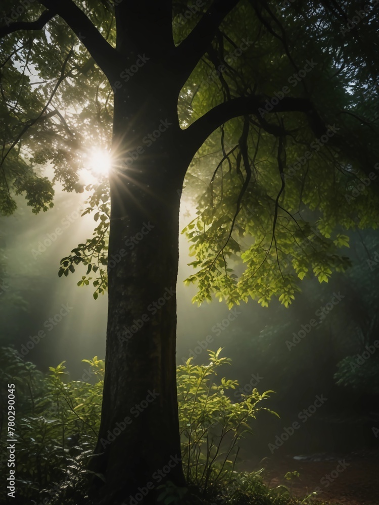 Obraz premium sun light passing through green-leafed tree in a rainy day misty morning in the forest