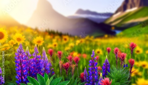 A tranquil scene of a mountain meadow in early morning light, with a close-up of colorful wildflowers such as purple lupines, red Indian paintbrushes. photo