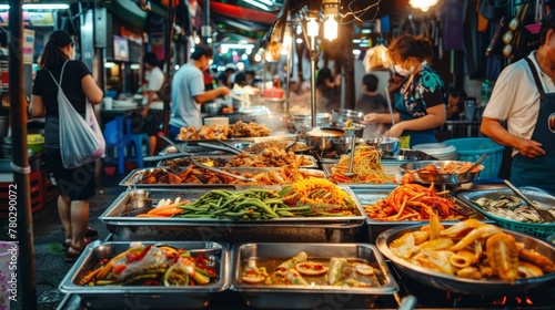 A bustling street food market in Asia, capturing the lively atmosphere and diverse culinary offerings.
