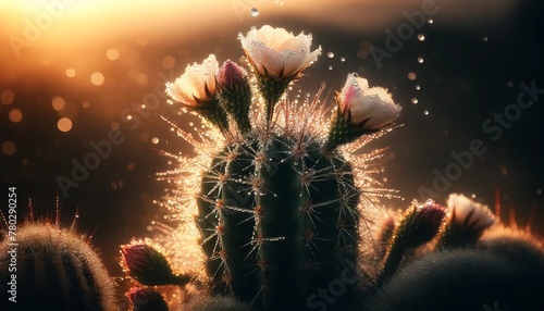 An image of a dew-covered prickly pear cactus at dawn, with droplets of water on the spines and flowers. photo