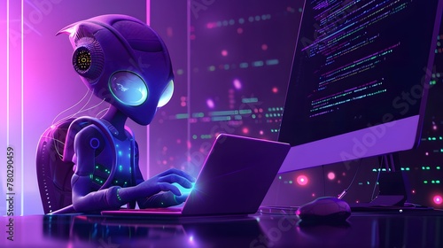 Alien figure with illuminated eyes focuses on coding on a laptop in a neon cyber setup