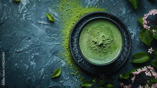 japanese aesthetic, minimal and Fine art photography of a plate of matcha pudding