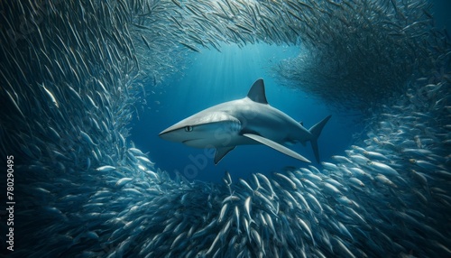 An image showcasing a blue shark inspecting a school of small, silver fish.