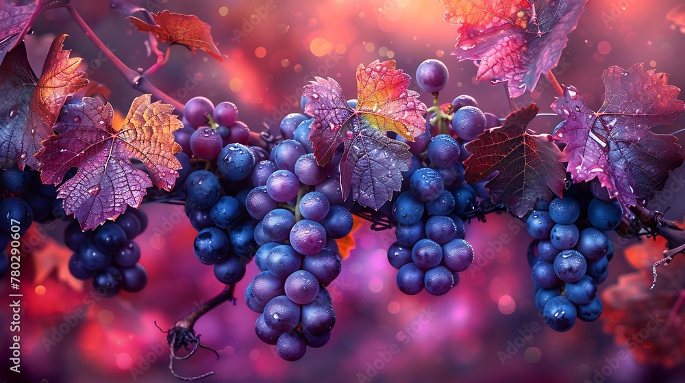 A vibrant, digital art piece illustrating the life cycle of vineyard vines, from the budding leaves of spring to the bountiful harvest of grapes in autumn. - obrazy, fototapety, plakaty 