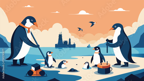 A heartwarming illustration of a colony of penguins and seagulls working together to clean up an oil spill highlighting the importance of unity