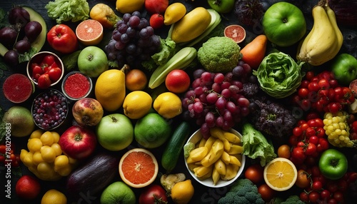 A variety of vibrant fruits and vegetables arranged on a dark background highlights healthy choices and dietary diversity. © Marlon