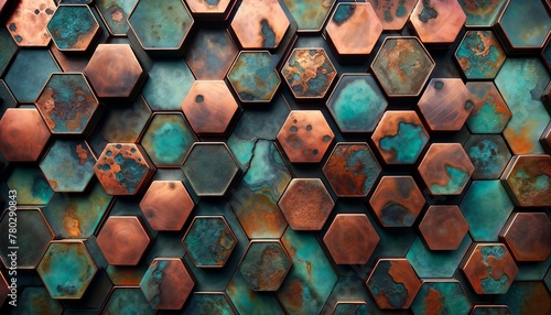 A series of hexagonal tiles made of rusted copper with verdigris patina, focusing on the textures and the transition between blue-green and warm copper.