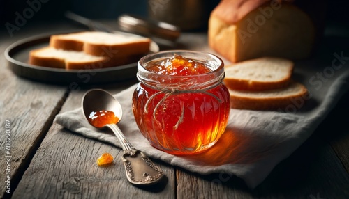 An intimate shot of a glass jar filled with homemade marmalade, with a silver spoon and slices of fresh bread in the background on a weathered kitchen. photo
