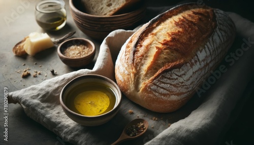 A close-up image of freshly-baked bread loaves with a golden crust, accompanied by a bowl of olive oil and balsamic vinegar for dipping. photo