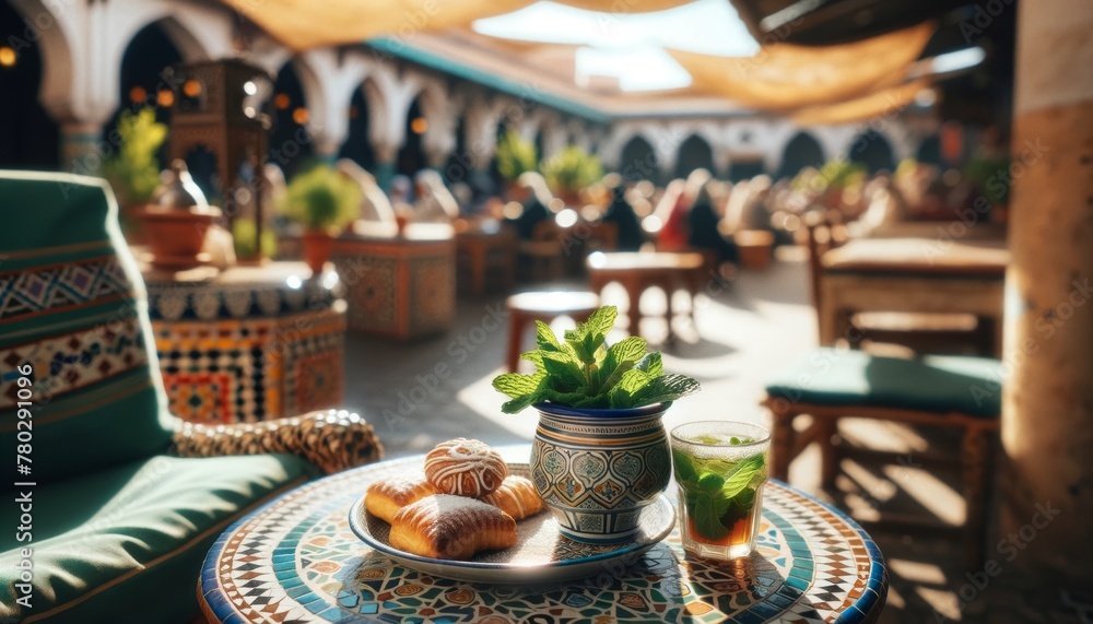 A quaint cup of mint tea with fresh mint leaves sprinkled around, paired with a plate of traditional Moroccan pastries, set on an intricately designed. A quaint cup of mint tea with fresh mint leaves sprinkled around, paired with a plate of traditional Moroccan pastries, set on an intricately designed.