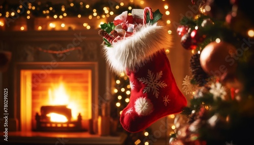 A close-up of a Christmas stocking hanging from a mantelpiece, filled with goodies and gifts, with a warmly lit hearth in the soft-focus background. photo