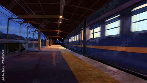 Train station at night. Train stop. Mass transportation