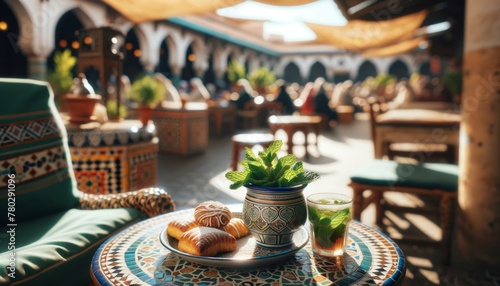 A quaint cup of mint tea with fresh mint leaves sprinkled around, paired with a plate of traditional Moroccan pastries, set on an intricately designed. photo