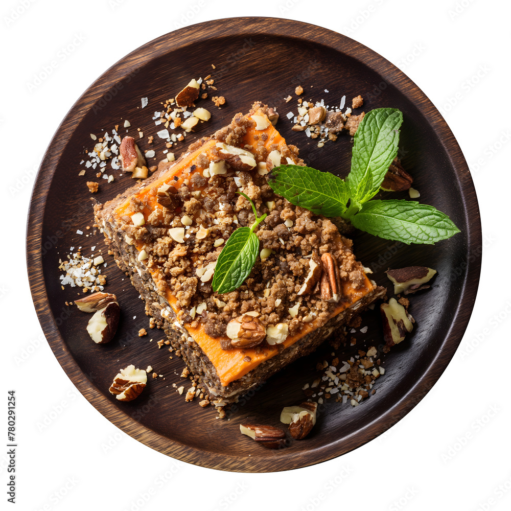 wooden Plate of Vegan, raw carrot cake. Healthy food isolated on transparent background, top view wooden Plate of Vegan, raw carrot cake. Healthy food isolated on transparent background, top view