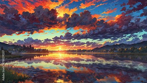 Panoramic view of the lake with sunset