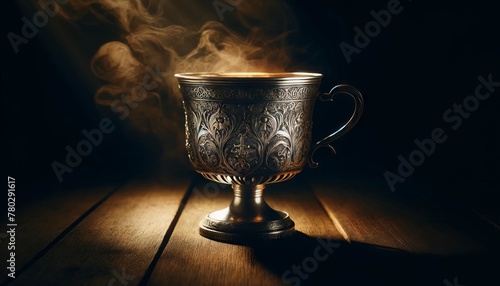 An antique silver cup with elaborate engravings, placed on a dark wooden table.