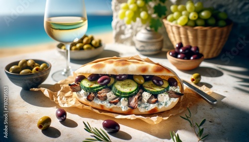 A Mediterranean-inspired sandwich with grilled lamb, tzatziki sauce, kalamata olives, feta cheese, and cucumber on a warm pita bread, placed on a sun-. photo
