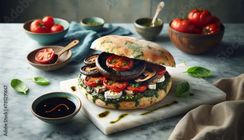 A vegetarian delight featuring a grilled portobello mushroom cap, roasted red peppers, pesto, and goat cheese on a herb focaccia, presented on a marbl.