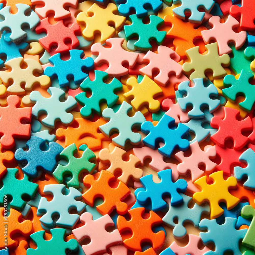 A background of colorful puzzle pieces.View from above A background of colorful puzzle pieces.View from above