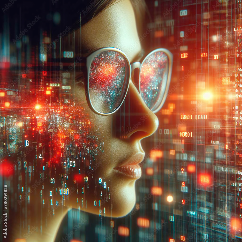 digital data reflected on glasses on a person's face. close-up