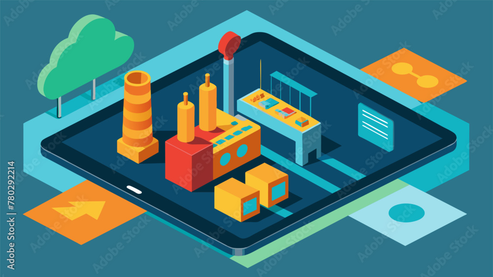 An upclose shot of a tablet displaying a realtime 3D visualization of a factory floor reflecting the advanced data ytics and visualization An upclose shot of a tablet displaying a realtime 3D visualization of a factory floor reflecting the advanced data ytics and visualization