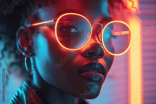 Woman in neon lit space with a mysterious vibe