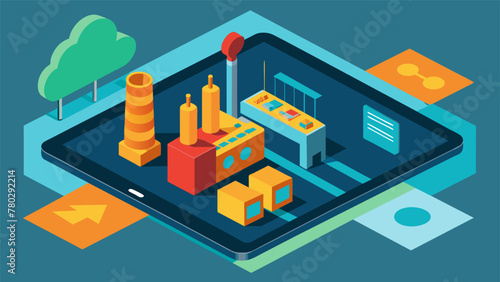 An upclose shot of a tablet displaying a realtime 3D visualization of a factory floor reflecting the advanced data ytics and visualization