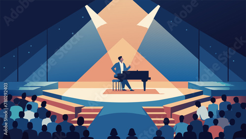 In a crowded concert hall a soloist takes center stage under a spotlight surrounded by a mosaic of musical notes. In the corner of the stage a