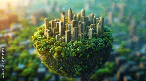 A 3D illustration of Earth featuring a green cityscape