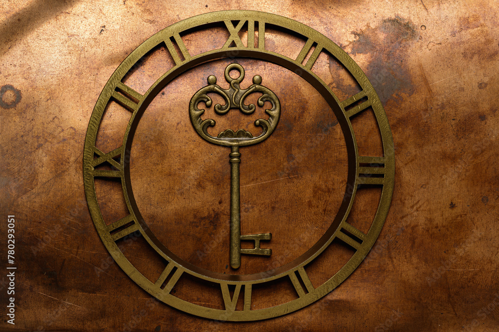 Abstract coat of arms of eternal secrets. Brass key in the dial against a background of patinated bronze sheet. Abstract coat of arms of eternal secrets. Brass key in the dial against a background of patinated bronze sheet.