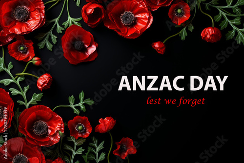 The remembrance poppy on black background. Poppy flower with text anzac. Decorative flower for Anzac Day in New Zealand, Australia, Canada and Great Britain