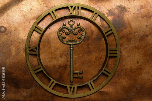 Abstract coat of arms of eternal secrets. Brass key in the dial against a background of patinated bronze sheet.