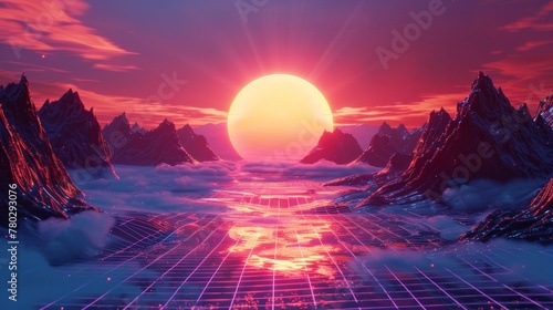 A 3D landscape featuring a neon sun, grid patterns, retro vibes