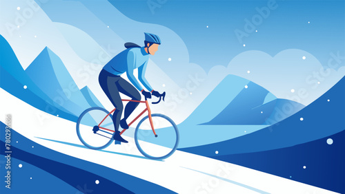 Against a backdrop of swirling snowflakes a cyclist braces themselves against the biting wind as they pedal through a relentless blizzard. The