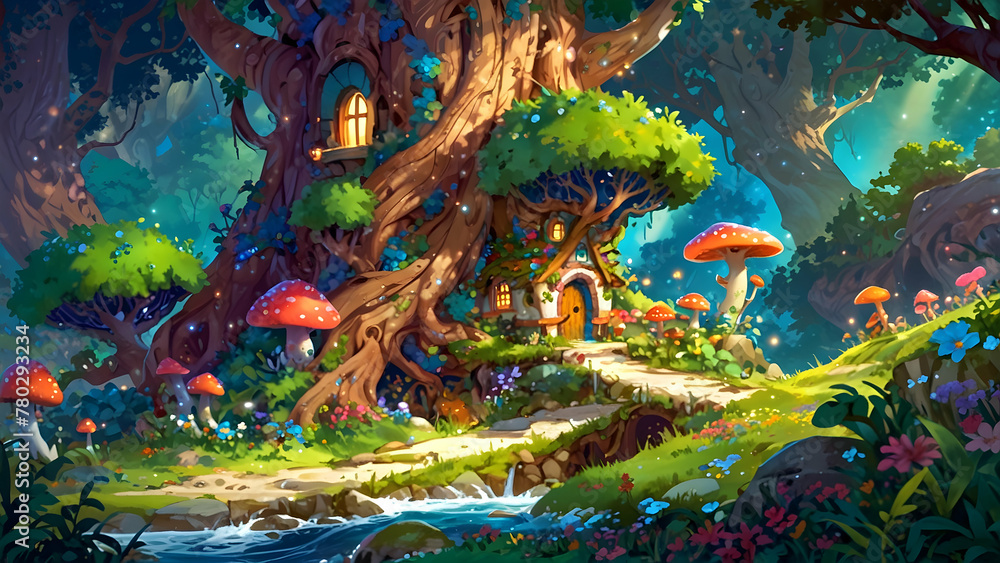 Fototapeta premium Illustration of lush green forest with tree house. Summer forest. Fantasy world